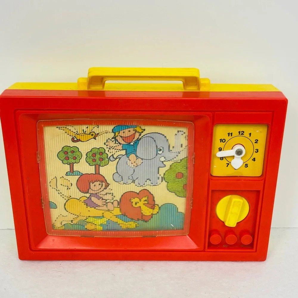 Vintage Blue-Box Musical Toy TV Wind Up Scrolling Jungle Animals Red Yellow 1970